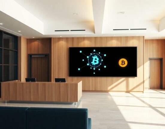 Modern bank lobby with digital blockchain and cryptocurrency overlay representing crypto banking services.