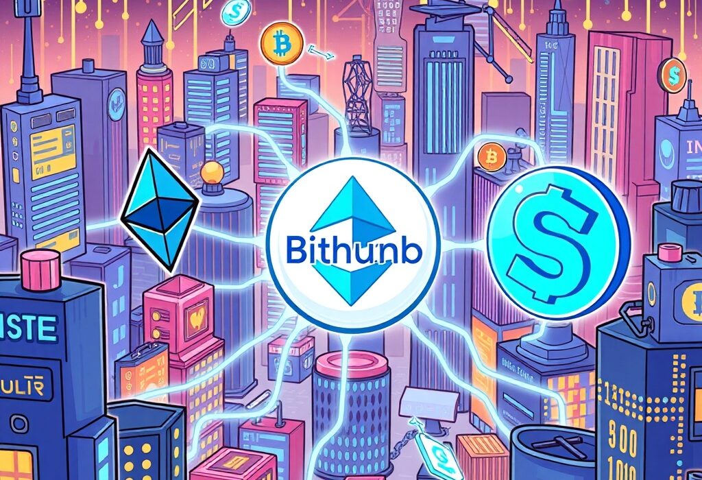 A vibrant cartoon illustration showing the seamless flow of SWELL tokens between different blockchain networks, highlighting Bithumb's role as a central hub.
