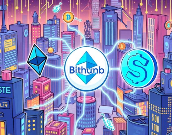A vibrant cartoon illustration showing the seamless flow of SWELL tokens between different blockchain networks, highlighting Bithumb's role as a central hub.