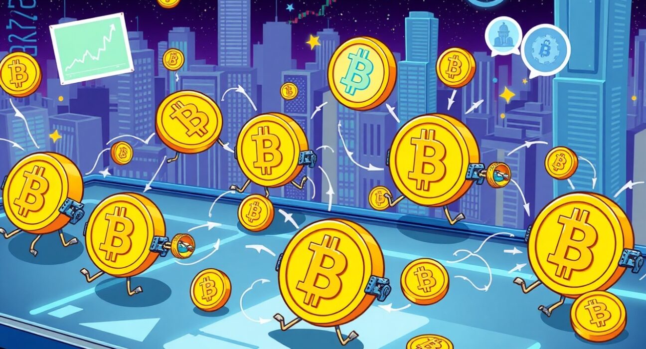 A cartoon illustrating dormant Bitcoin being activated and utilized through the new BitcoinOS Grail Pro protocol, creating new opportunities.