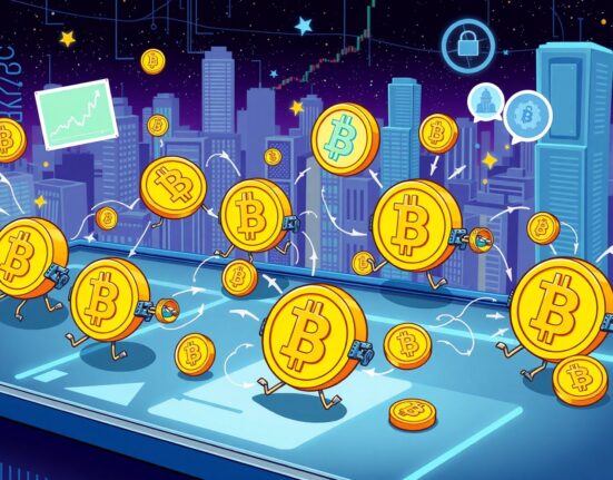 A cartoon illustrating dormant Bitcoin being activated and utilized through the new BitcoinOS Grail Pro protocol, creating new opportunities.