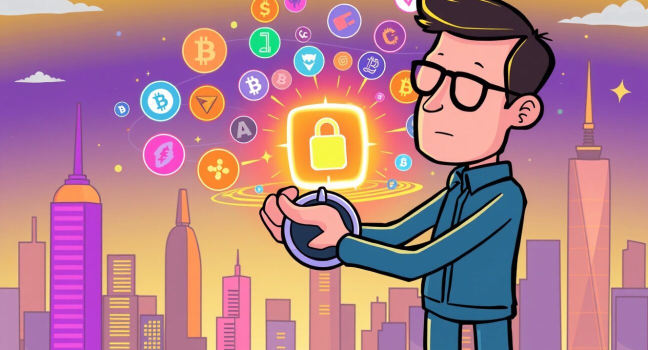 Cartoon illustration of a regulator carefully adjusting minimal rules to foster the growth of crypto super-apps in a dynamic digital city.
