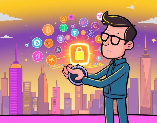 Cartoon illustration of a regulator carefully adjusting minimal rules to foster the growth of crypto super-apps in a dynamic digital city.