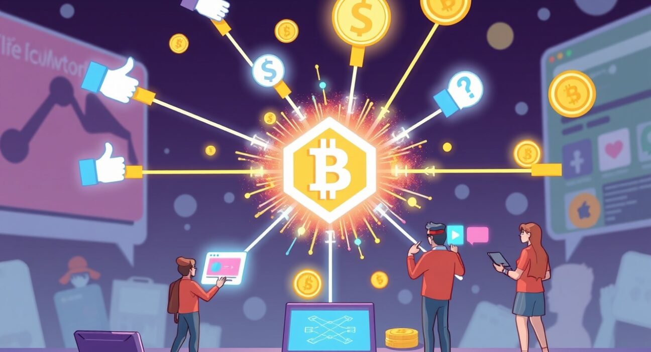 Cartoon illustration showing digital engagement flowing into a blockchain network, symbolizing Sonic's new Attention Capital Market platform.