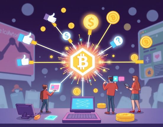 Cartoon illustration showing digital engagement flowing into a blockchain network, symbolizing Sonic's new Attention Capital Market platform.