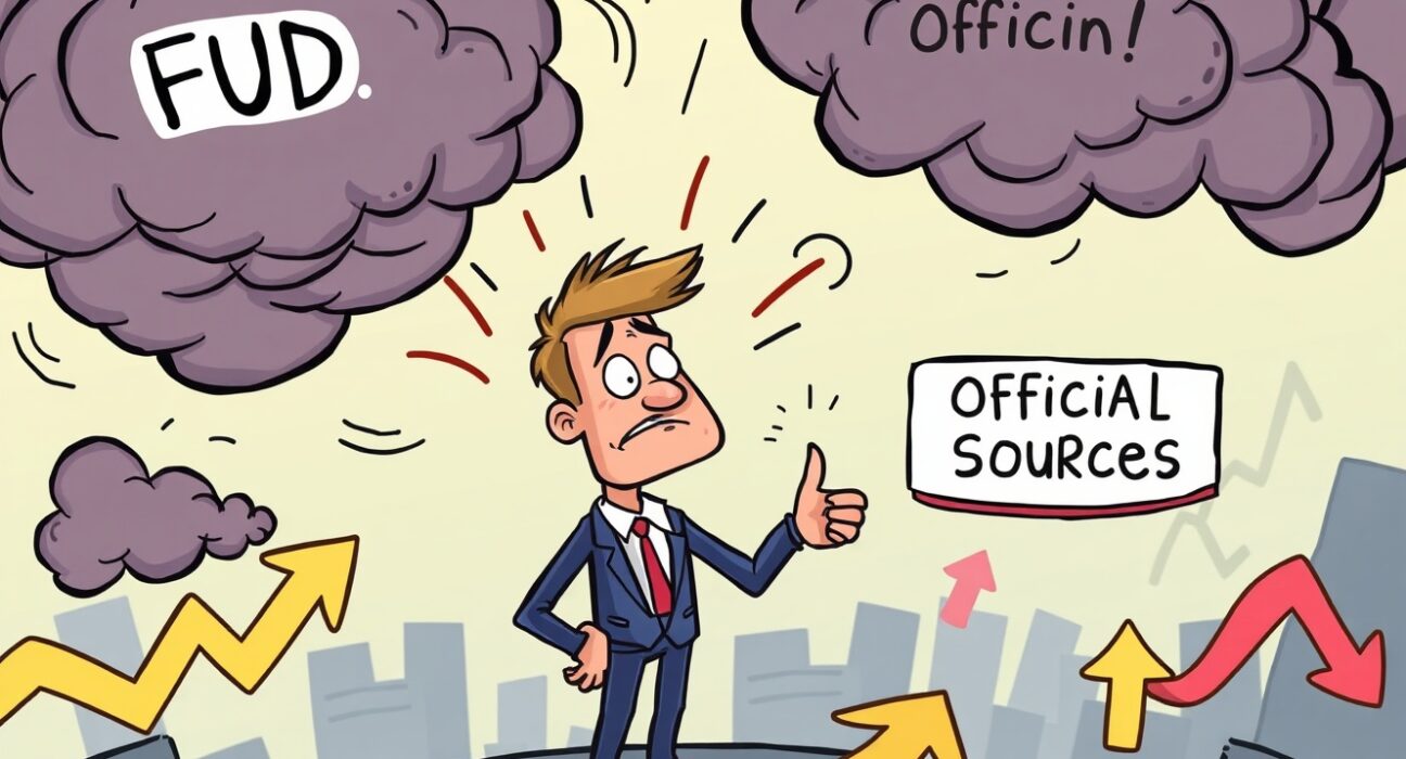 A cartoon illustration showing an investor avoiding crypto FUD by seeking verified information, as warned by Changpeng Zhao.