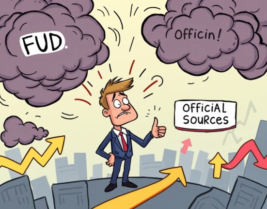 A cartoon illustration showing an investor avoiding crypto FUD by seeking verified information, as warned by Changpeng Zhao.