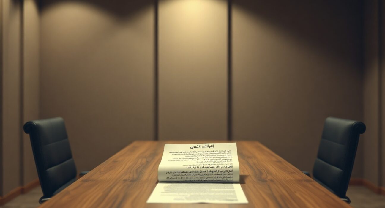 A document on a table in a dimly lit negotiation room, representing a draft US-Iran MOU.