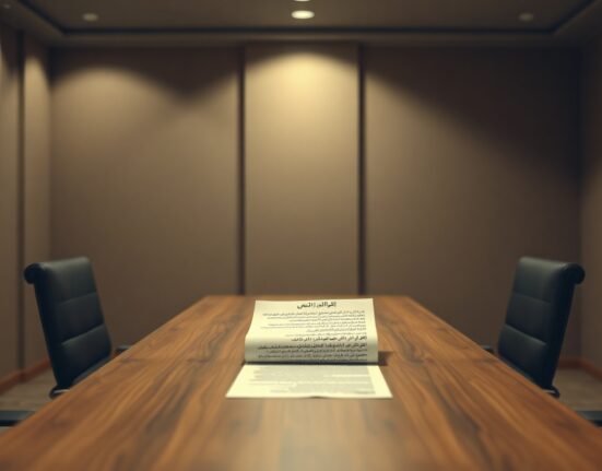 A document on a table in a dimly lit negotiation room, representing a draft US-Iran MOU.