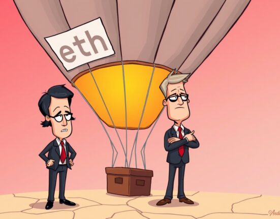 Cartoon showing two worried business figures looking at a deflated ETH symbol, representing significant unrealized ETH losses for companies.