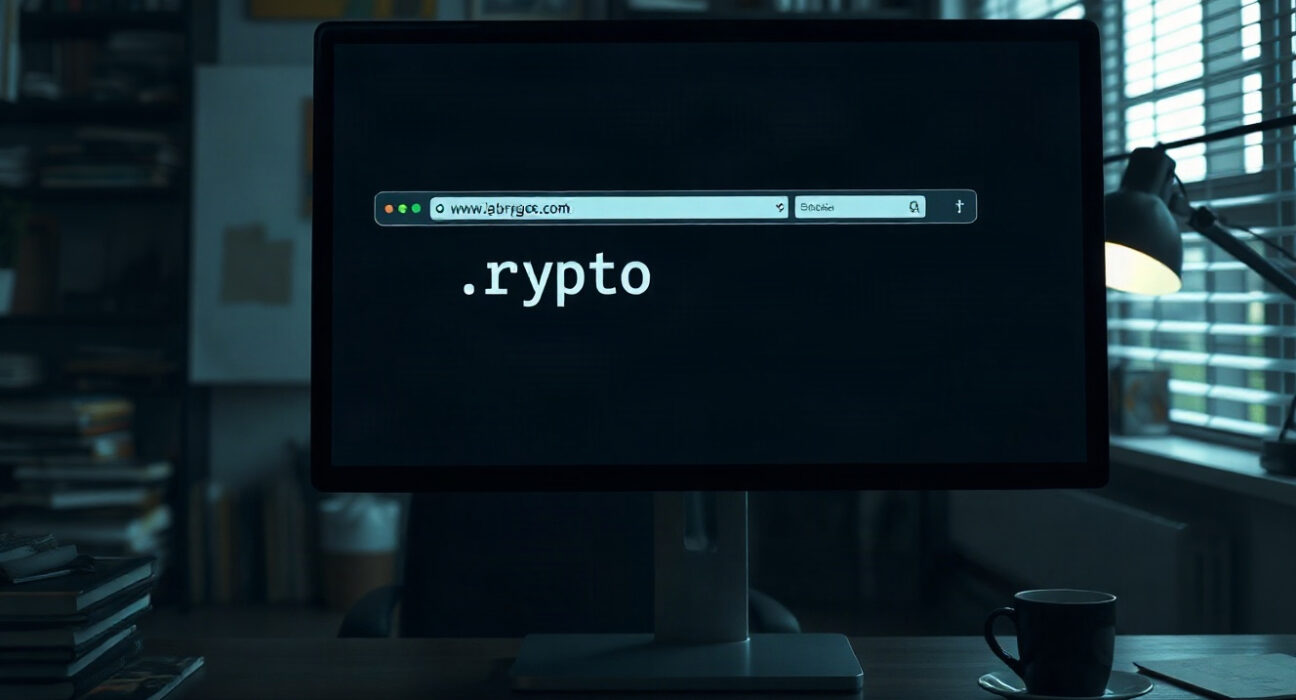 Computer monitor showing a web browser address bar with a .crypto domain, symbolizing the withdrawal of Web3 domains from standard DNS.