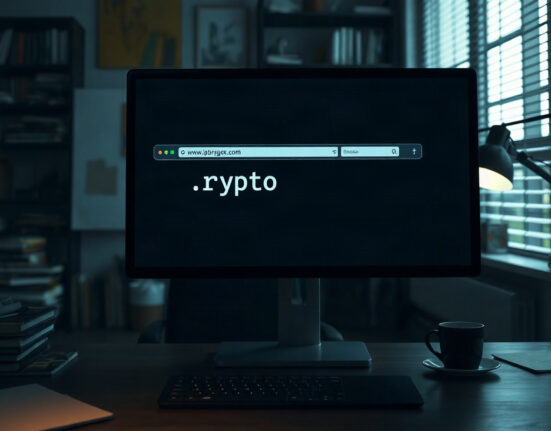 Computer monitor showing a web browser address bar with a .crypto domain, symbolizing the withdrawal of Web3 domains from standard DNS.