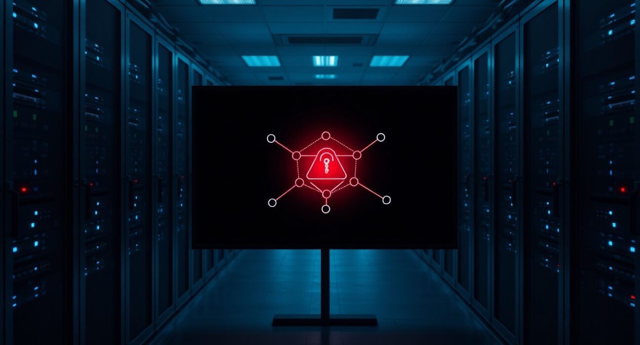 Blockchain security breach visualization with warning icon in server room