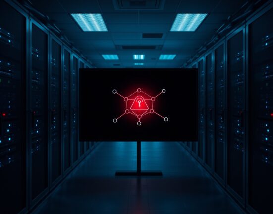 Blockchain security breach visualization with warning icon in server room