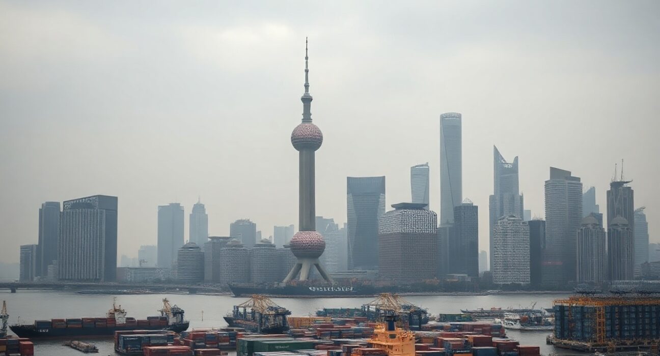 Overcast view of Shanghai skyline and port, reflecting cautious economic outlook for China in 2Q26.