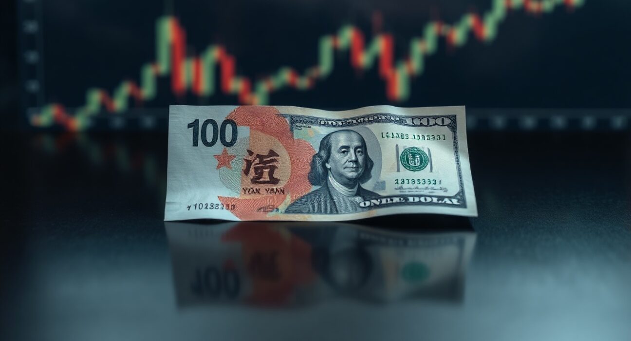 Chinese yuan and US dollar banknotes on a reflective surface, symbolizing currency exchange dynamics.