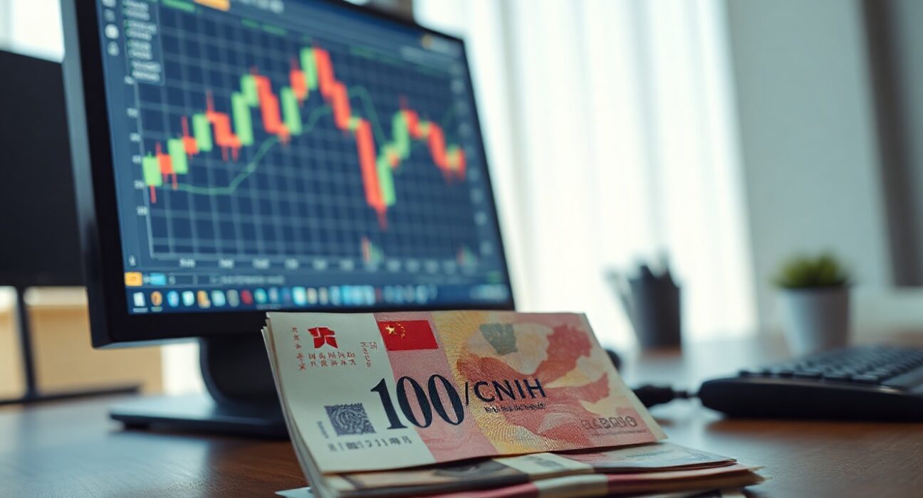Analyst desk with USD/CNH chart and Chinese yuan and US dollar banknotes