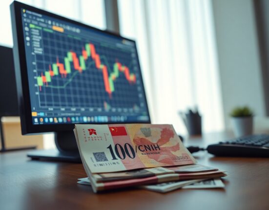Analyst desk with USD/CNH chart and Chinese yuan and US dollar banknotes