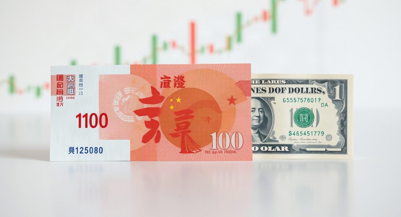 Chinese Yuan and US Dollar banknotes side by side, representing currency exchange rate movements.