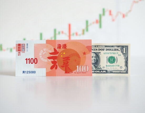 Chinese Yuan and US Dollar banknotes side by side, representing currency exchange rate movements.