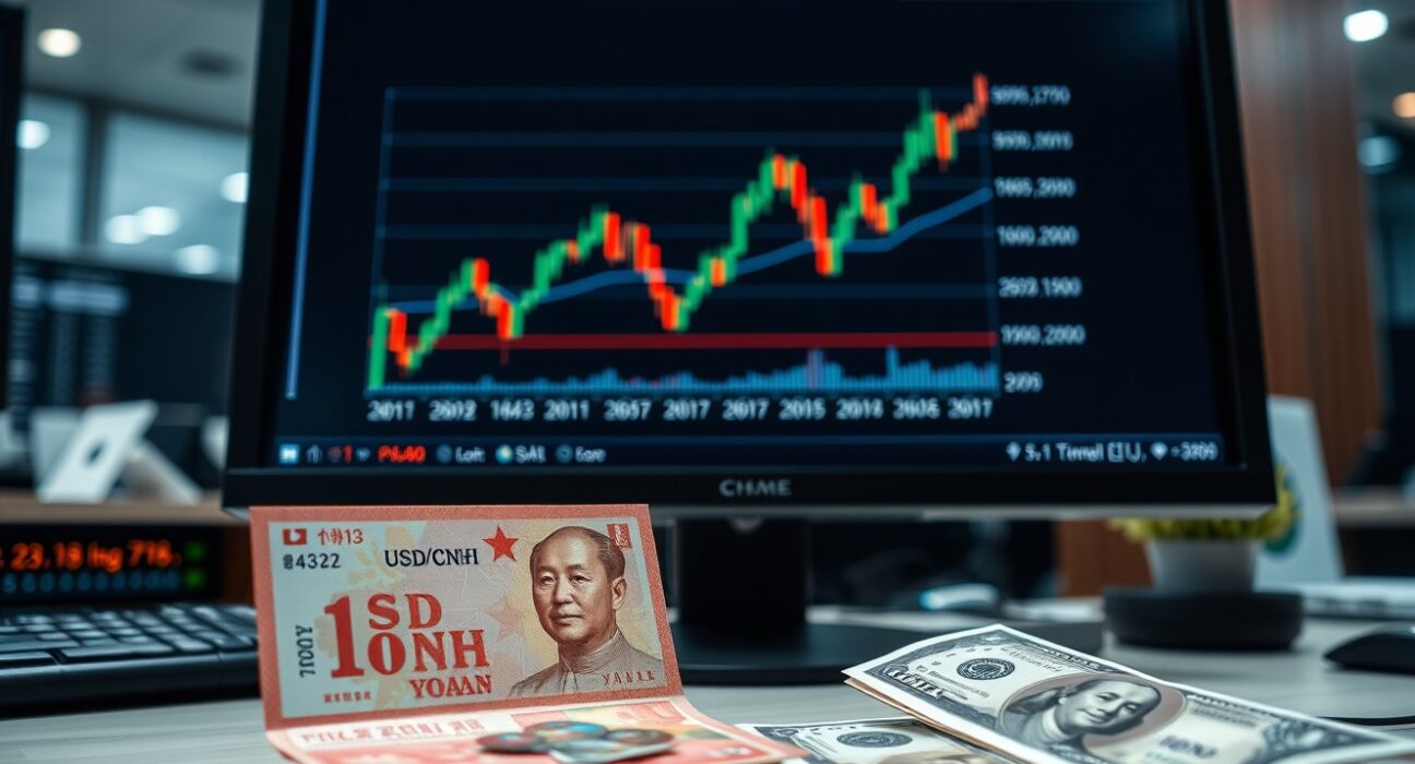 Analyst monitors USD/CNH chart with yuan and dollar notes on desk
