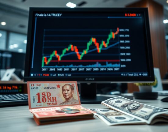 Analyst monitors USD/CNH chart with yuan and dollar notes on desk