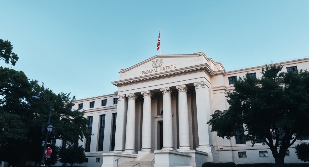Federal Reserve building in Washington, D.C., with clear sky, symbolizing monetary policy decisions.