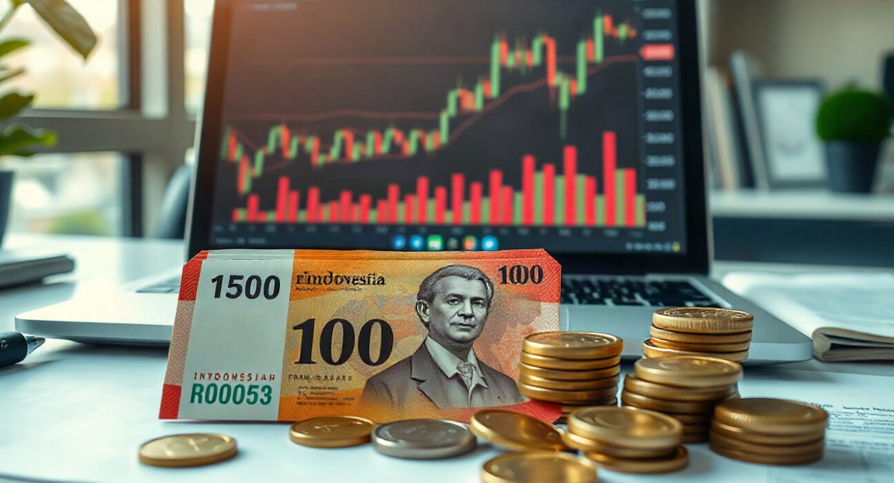 Indonesian rupiah banknotes and coins with a laptop showing a currency chart, symbolizing exchange rate analysis
