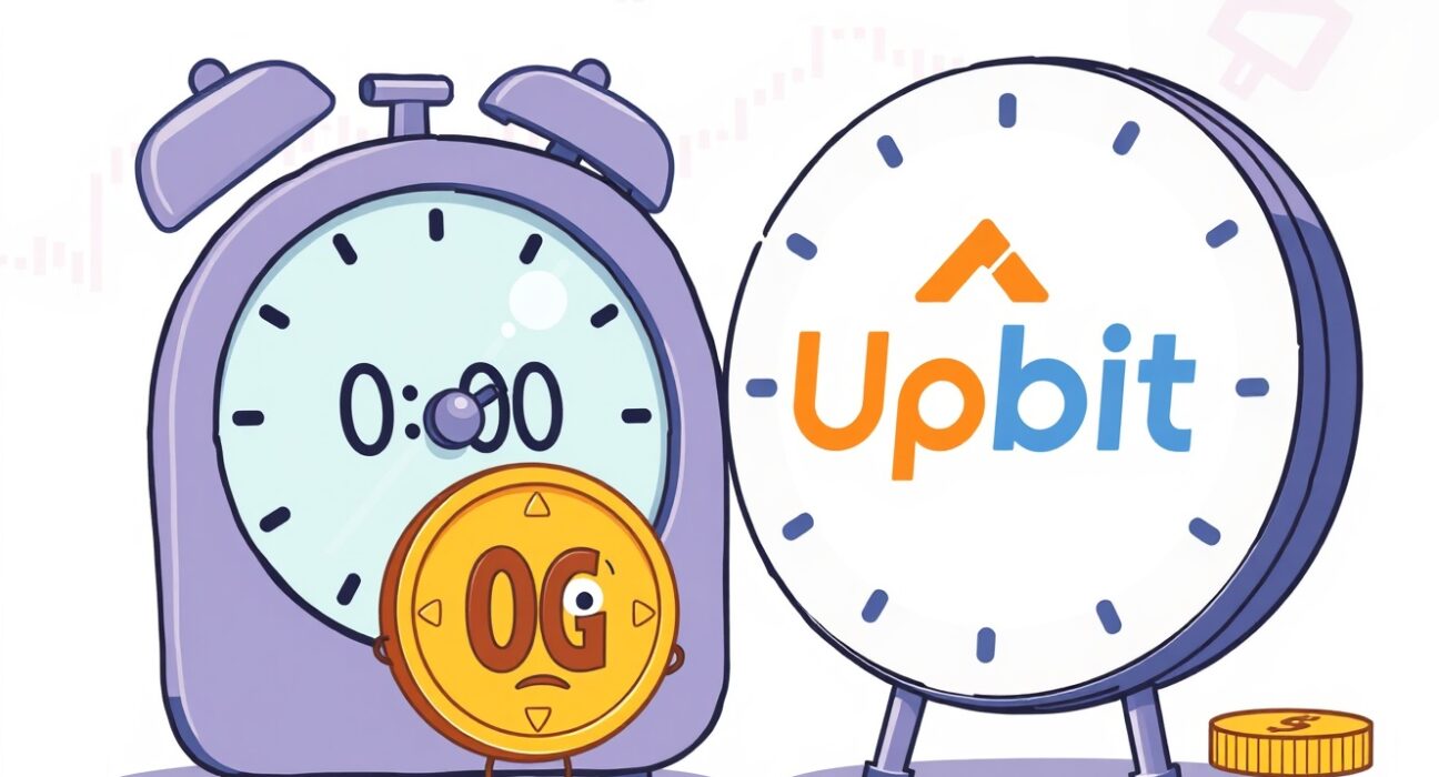 A cartoon showing a delayed Upbit 0G listing, symbolizing investor anticipation and the minor setback of the trading delay.