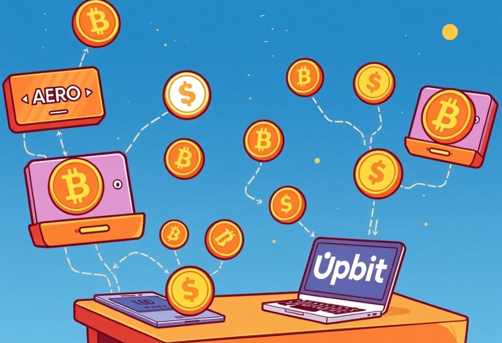 A vibrant cartoon depicting the significant Upbit AERO listing, symbolizing new trading opportunities on a crypto exchange.