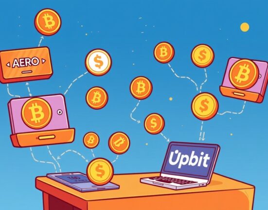 A vibrant cartoon depicting the significant Upbit AERO listing, symbolizing new trading opportunities on a crypto exchange.