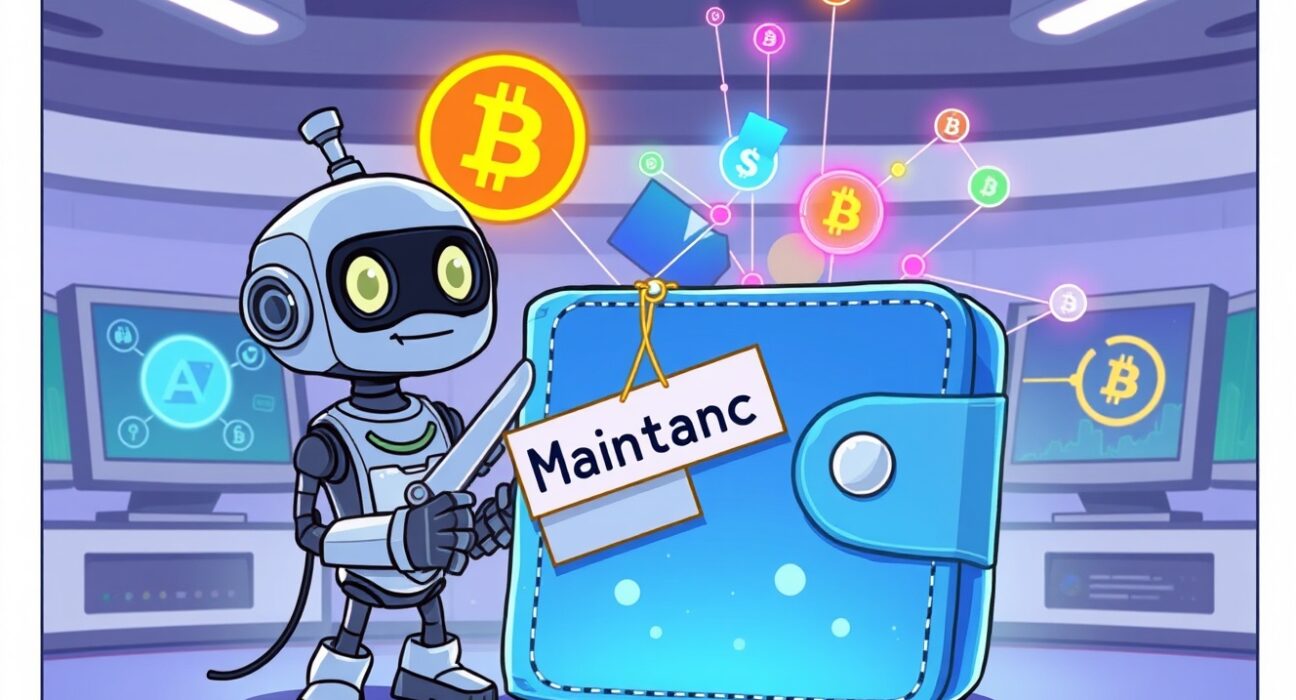 A cartoon robot performs maintenance on a digital wallet during the Upbit Arbitrum suspension for system upgrades.