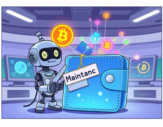 A cartoon robot performs maintenance on a digital wallet during the Upbit Arbitrum suspension for system upgrades.