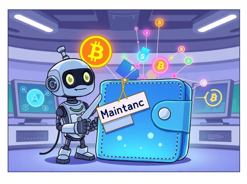 A cartoon robot performs maintenance on a digital wallet during the Upbit Arbitrum suspension for system upgrades.