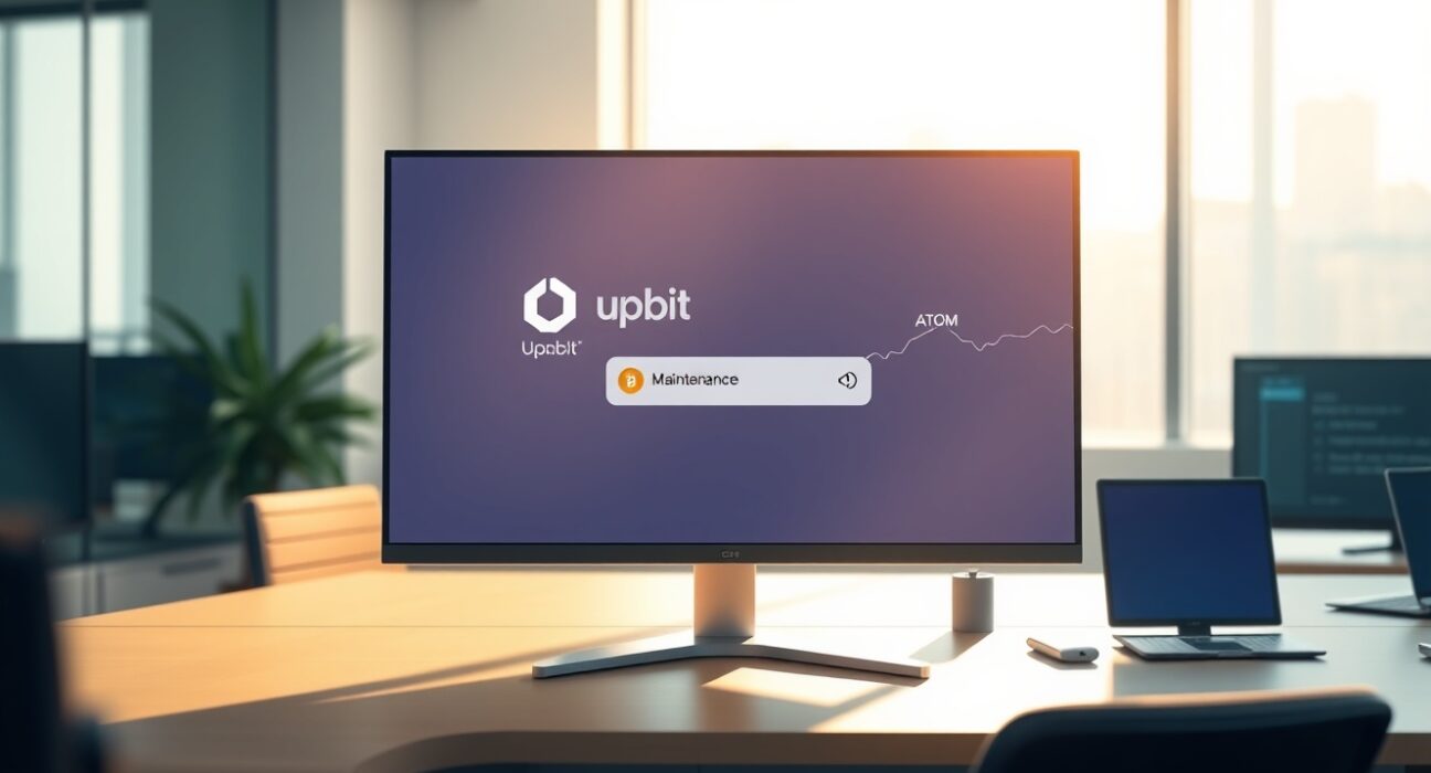 Upbit exchange interface showing Cosmos ATOM under maintenance for network upgrade.