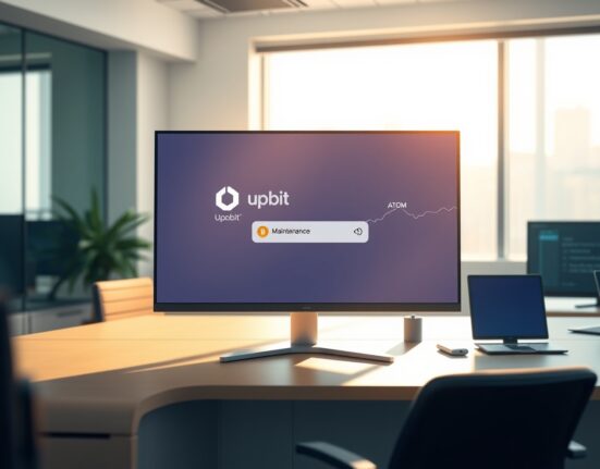 Upbit exchange interface showing Cosmos ATOM under maintenance for network upgrade.