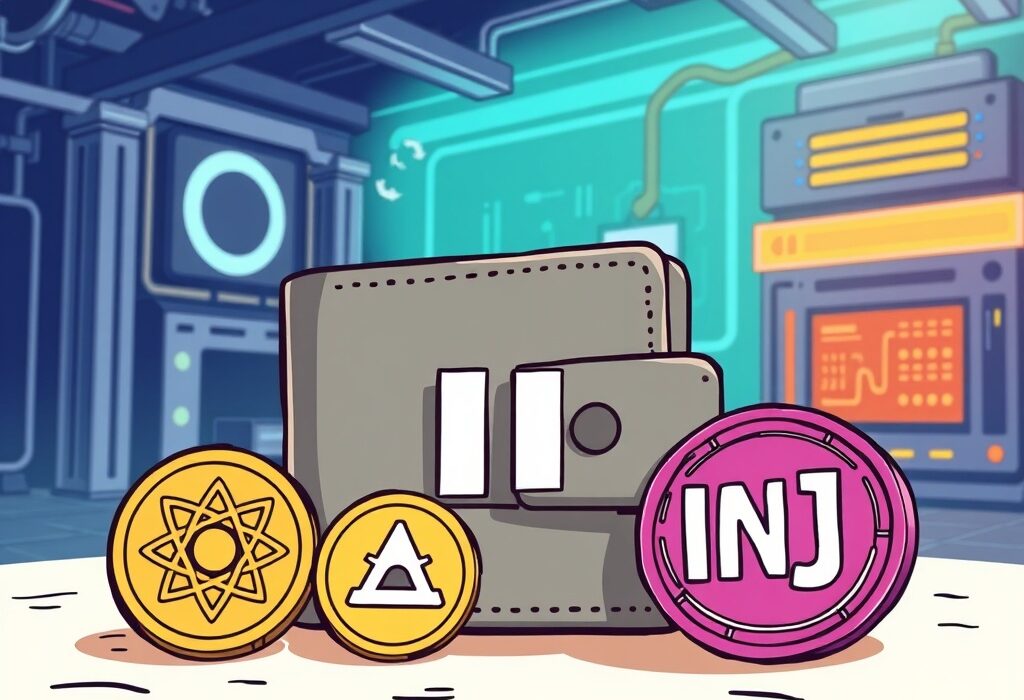 Cartoon illustration showing a paused crypto wallet with ATOM and INJ coins, symbolizing the Upbit ATOM INJ suspension for maintenance.