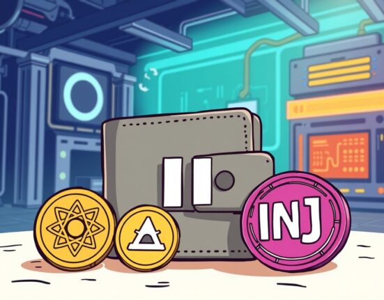 Cartoon illustration showing a paused crypto wallet with ATOM and INJ coins, symbolizing the Upbit ATOM INJ suspension for maintenance.