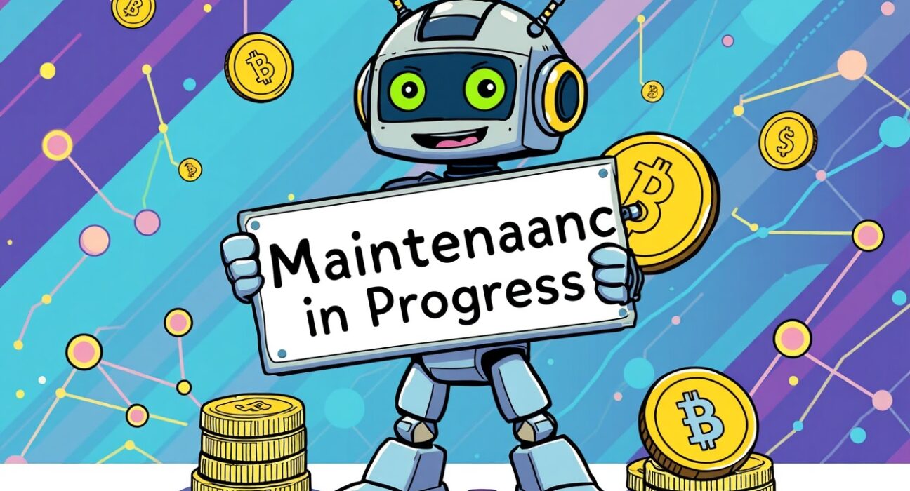 Upbit BABY suspension maintenance cartoon showing digital currency network upgrade process