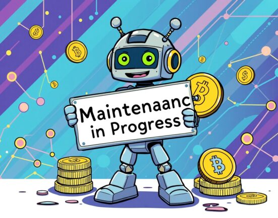 Upbit BABY suspension maintenance cartoon showing digital currency network upgrade process