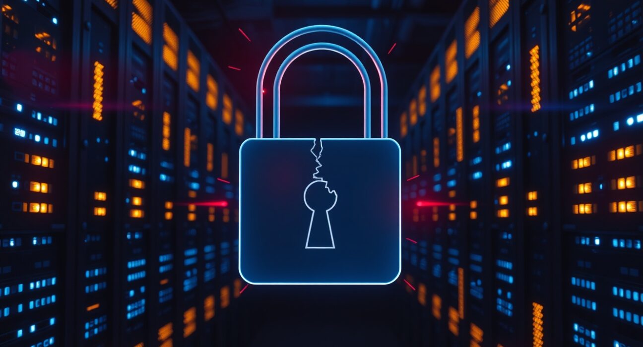 Server room with a cracked digital padlock symbolizing a security breach affecting HBAR investments