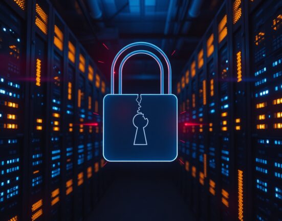 Server room with a cracked digital padlock symbolizing a security breach affecting HBAR investments