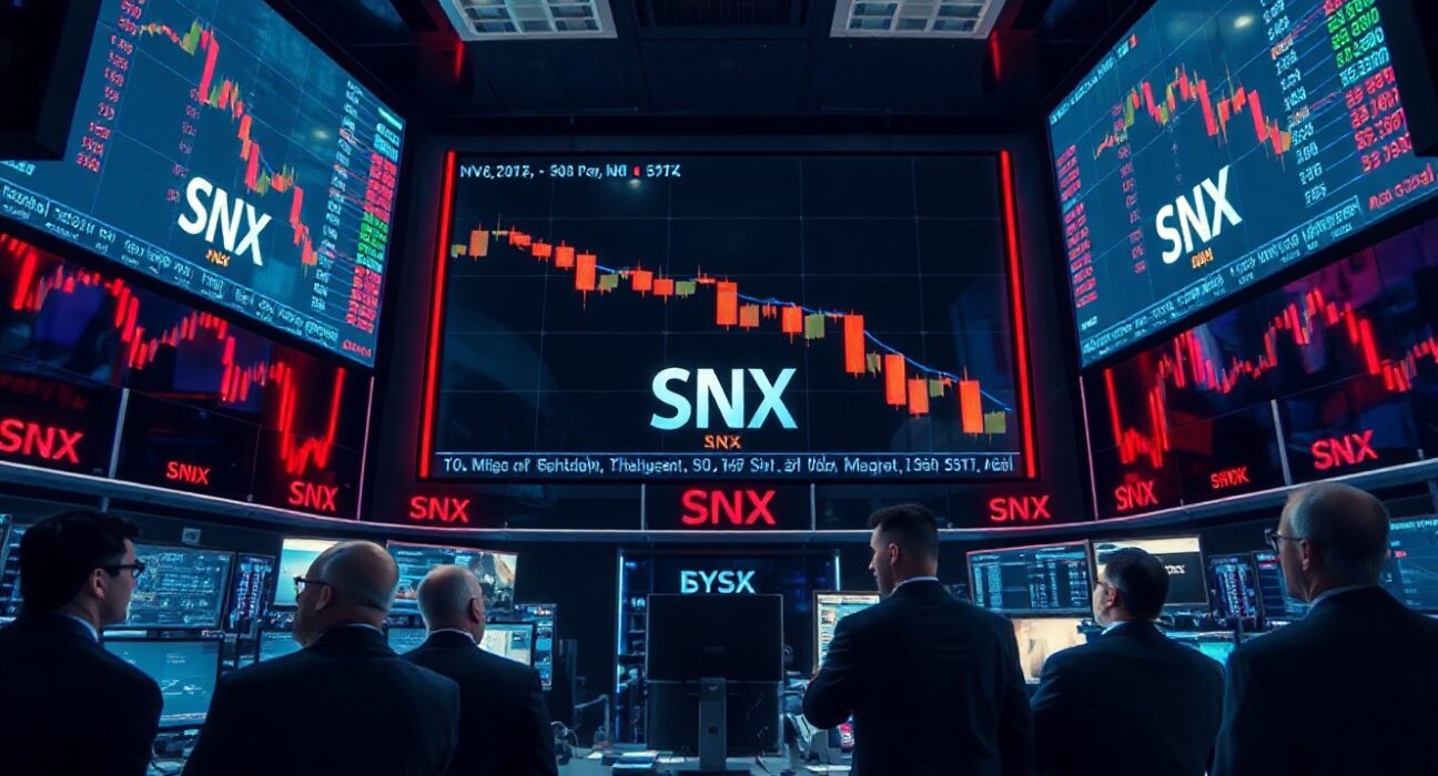 Trading screens showing SNX price drop on cryptocurrency exchange