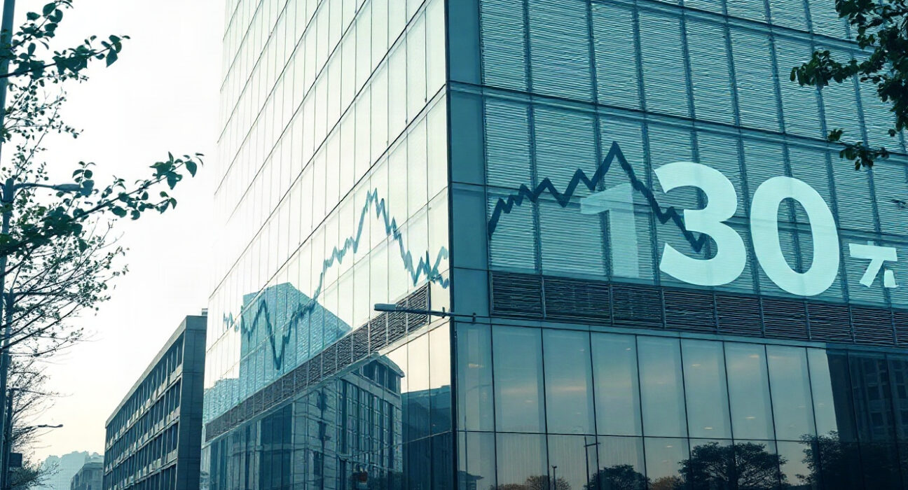 Exterior of a financial building in Seoul with digital crypto charts declining, symbolizing exchange losses