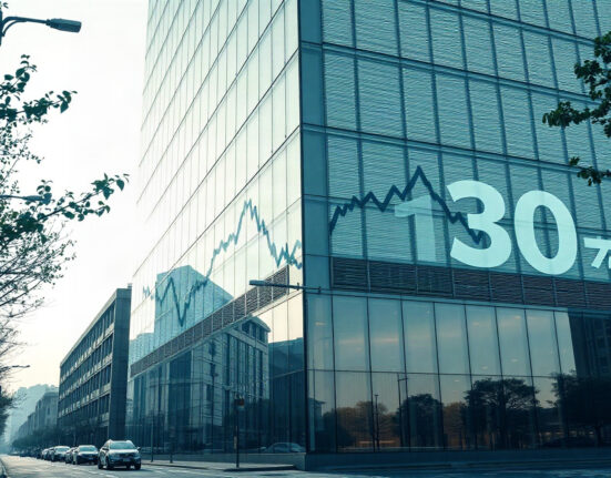 Exterior of a financial building in Seoul with digital crypto charts declining, symbolizing exchange losses