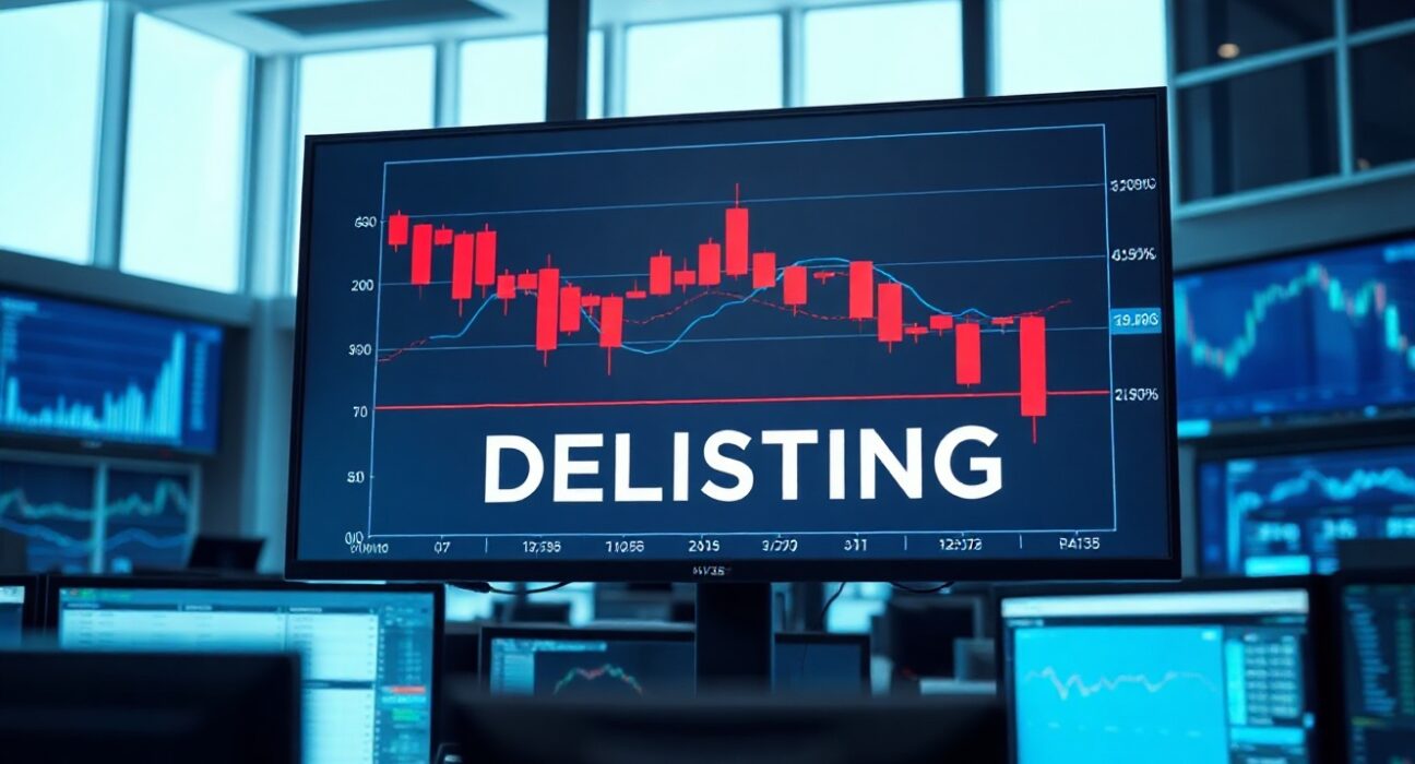 Trading screen showing cryptocurrency delisting announcement with downward chart