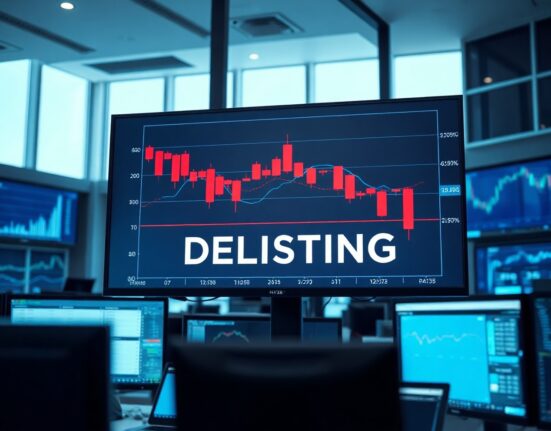 Trading screen showing cryptocurrency delisting announcement with downward chart