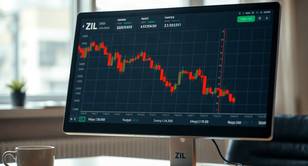 ZIL trading chart on a monitor with a downward trend, symbolizing the delisting review extension by Upbit and Bithumb.