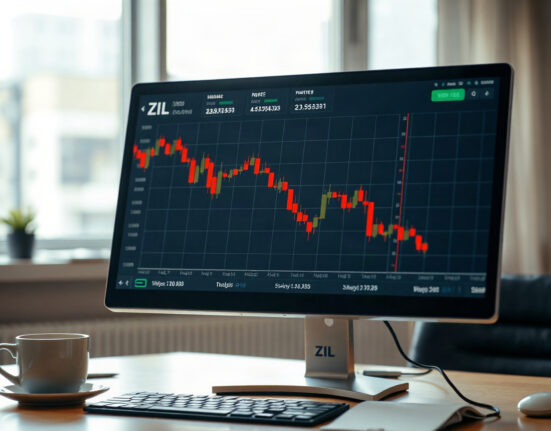 ZIL trading chart on a monitor with a downward trend, symbolizing the delisting review extension by Upbit and Bithumb.