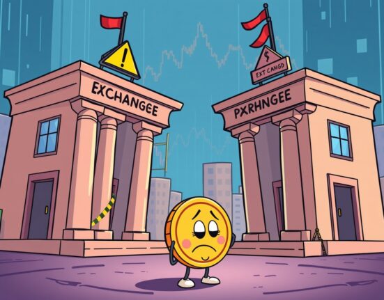 Cartoon illustration of a cryptocurrency investment warning issued by major exchanges for Groestlcoin.